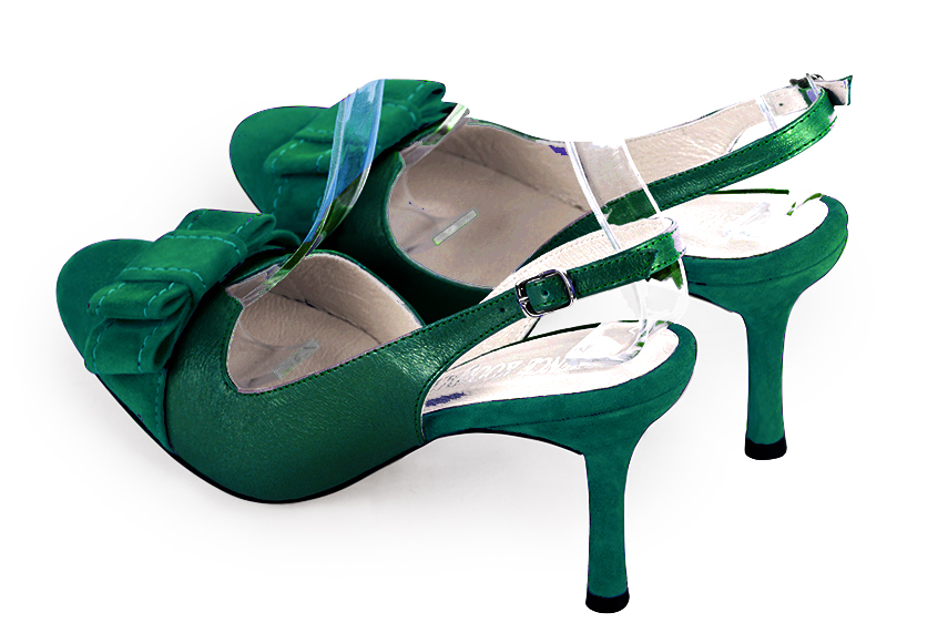 Emerald green women's open back shoes, with a knot. Round toe. High slim heel. Rear view - Florence KOOIJMAN